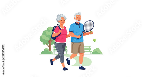 Active Senior Couple Walking in Park with Tennis Racket - Healthy Elderly Lifestyle Illustration