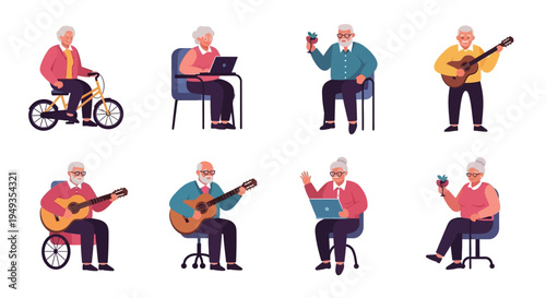 Happy Elderly People Enjoying Hobbies and Leisure: Seniors Cycling, Using Laptops, Playing Guitar, and Relaxing - Flat Vector Set