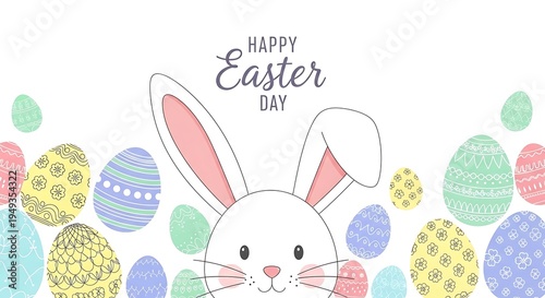 Cute cartoon Easter bunny with long pink ears and a sweet face peeking out among an array of vibrantly decorated eggs, celebrating the cheerful spring holiday.