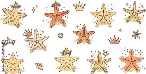 Whimsical starfish vector set featuring sea stars with crowns seashells and bubbles on sand for mermaid party and nautical designs.