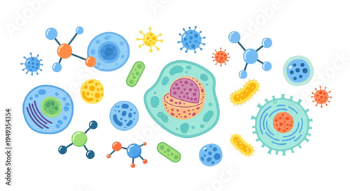 Colorful Microscopic Life: Cells, Viruses, Bacteria, and Molecules Flat Vector Illustration Set for Science & Education
