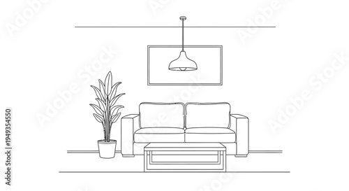 Minimalist living room sketch with sofa plant and hanging light fixture
