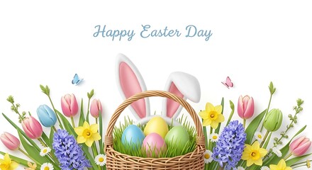 Joyful Easter celebration featuring a charming wicker basket filled with vibrant eggs, playful bunny ears, and a beautiful border of colorful spring flowers, perfect for holiday greetings.
