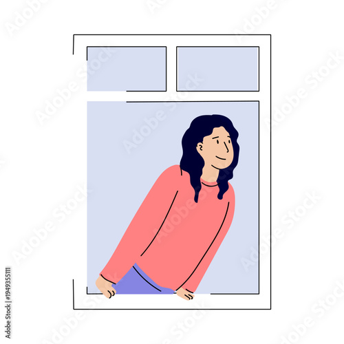 An illustration of a dark haired woman looking out of the window. Every day domestic life concept.