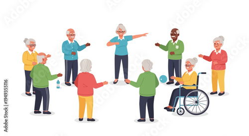 Diverse Senior Citizens Group Exercising Together: Active Elderly Fitness Class Promoting Health, Well-being & Inclusivity