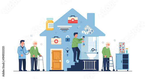 Senior Home Care & Safety: Medical Assistance, Accessibility, and Support Services Concept