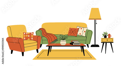 A cozy living room setup with a yellow sofa armchair and warm accents