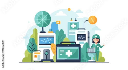 Modern Digital Healthcare Concept with Nurse, Advanced Medical Technology, and Monitoring Devices for Patient Care and Wellness Solutions
