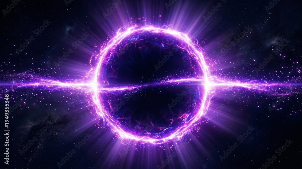 Fototapeta premium Exploding purple cosmic portal with glowing light beams in space, abstract energy phenomenon, abstract background, dark sky, explosion background, outer space