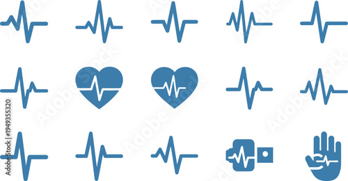 Heartbeat EKG Pulse Line Icons Set With Heart Shapes And Hand Gestures [converted