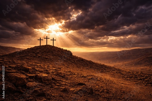 A powerful religious scene featuring three crosses and a dramatic sky; a concept for Good Friday