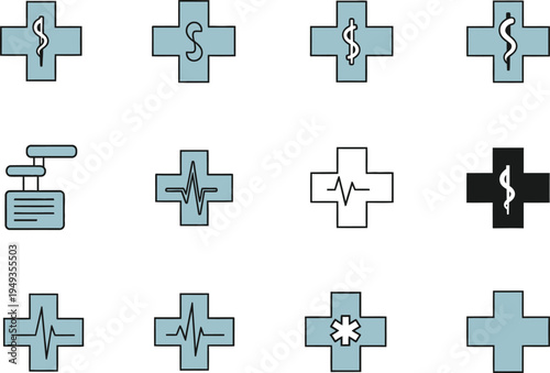 Medical Cross Icons with Caduceus and Heartbeat Symbols Keywords: medical, cross, health, healthcare, medicine, symbol, icon, caduceus, snake