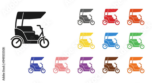 Black silhouette and colorful set of traditional Asian rickshaw or auto-rickshaw icons on a white background.