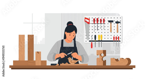 A woman carves wood in her workshop tools neatly organized nearby