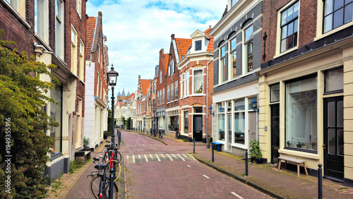 Classic Dutch street with in the historic Old Town of Haarlem, Netherlands