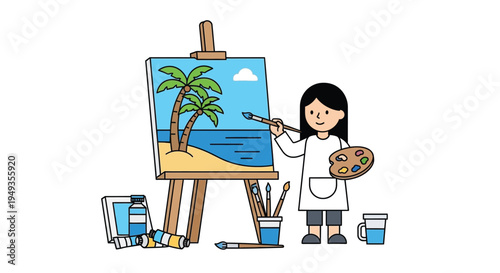 A young artist painting a tropical beach scene on a canvas