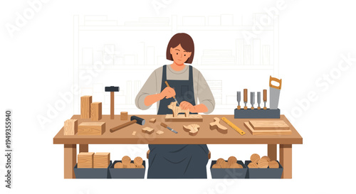A woman skillfully carves wood in her well equipped workshop