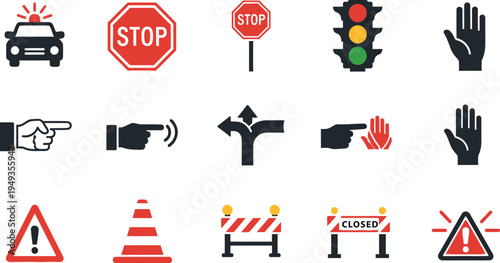 Traffic and warning signs including stop signs and cones police