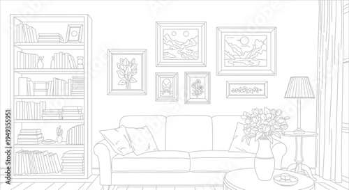 Line art illustration of a living room with furniture and wall decor