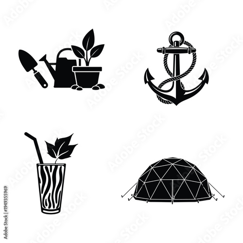 Black of gardening tools anchor and tent plant watering can