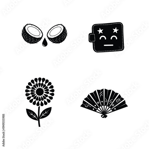Black and white of coconut wallet flower and fan