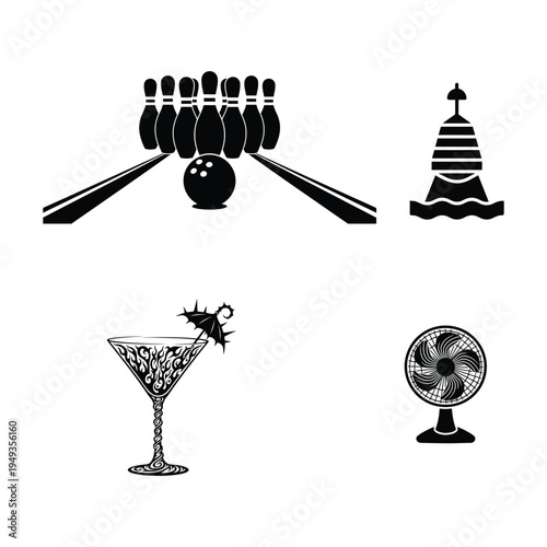 Sports and leisure in black silhouettes bowling pins ball martini