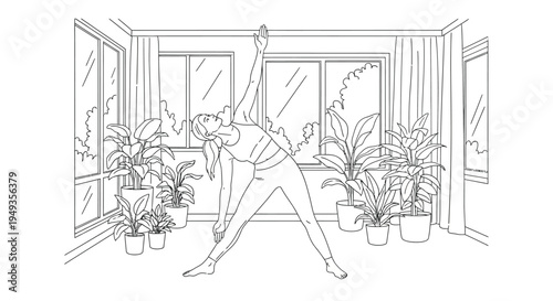 Woman performing a yoga pose near a window with indoor plants