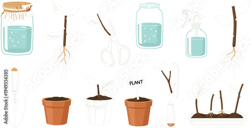 Plant Propagation Kit with Watering Jars, Trowel, Scissors, Pots, and Rooted Plants for Home Gardening and Plant Growth