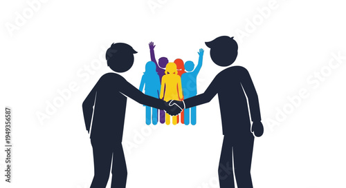 A successful business deal symbolized by a handshake and celebratory team