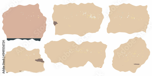 Six abstract shapes in shades of brown and beige speckled with gold