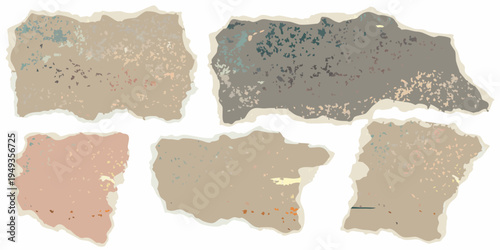 Torn paper pieces with varied textures and muted color palettes