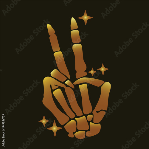 Skeleton peace gold. Golden bone hand. Peace sign vector. Gothic luxury art. Metallic skeleton. Spooky peace sign. Hand gesture gold. Skeleton hand star. Edgy peace graphic. Golden spirit icon.