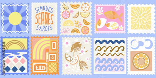 Colorful collection of illustrated postage stamps with citrus and floral themes