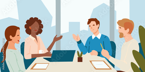 Diverse business team collaborating around a conference table indoors