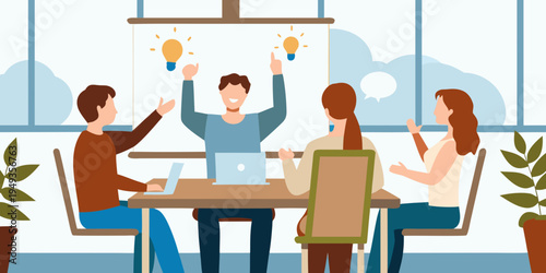 Team brainstorming session with ideas visualized as glowing lightbulbs