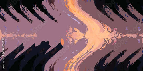 Abstract swirling forms in shades of orange purple and black