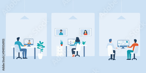 People engaging in a virtual meeting within a modern office environment