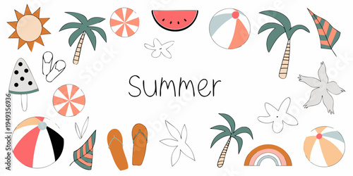 A colorful summer illustration with fruits foliage and beach elements