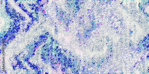 Abstract digital glitch art with vibrant blue purple and white pixels