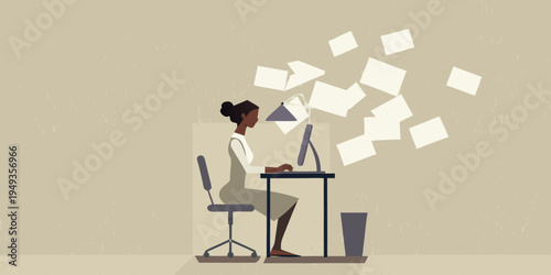 Woman overwhelmed with papers while working at a computer