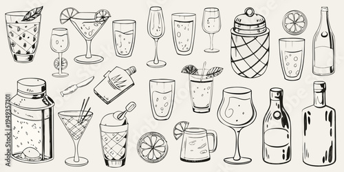 An assortment of hand drawn cocktail glasses bottles and bar accessories