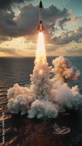 A Ballistic missile launch from military submarine in the ocean during sunset sky