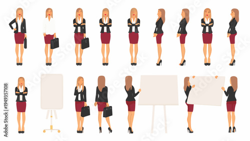 Diverse businesswomen in various poses with presentation boards and briefcases