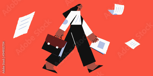 Woman walking with a briefcase as papers float around her