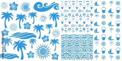 A collection of blue summer icons including palm trees waves and boats