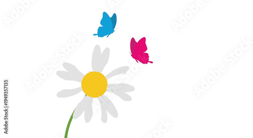 A vibrant daisy with two colorful butterflies fluttering nearby