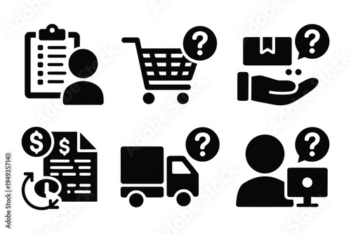 Shopping support solid icons illustrating order help, checkout questions, product issue assistance and cart support for online store customer service.