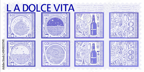 A collage of postage stamps depicting italian life and imagery