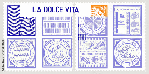 Collage of vintage style postage stamps with blue and orange tones