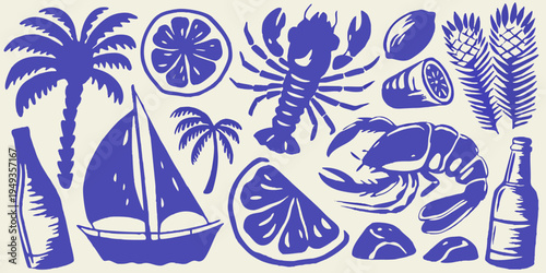 Blue illustrated collection featuring tropical fruits lobster and nautical themes